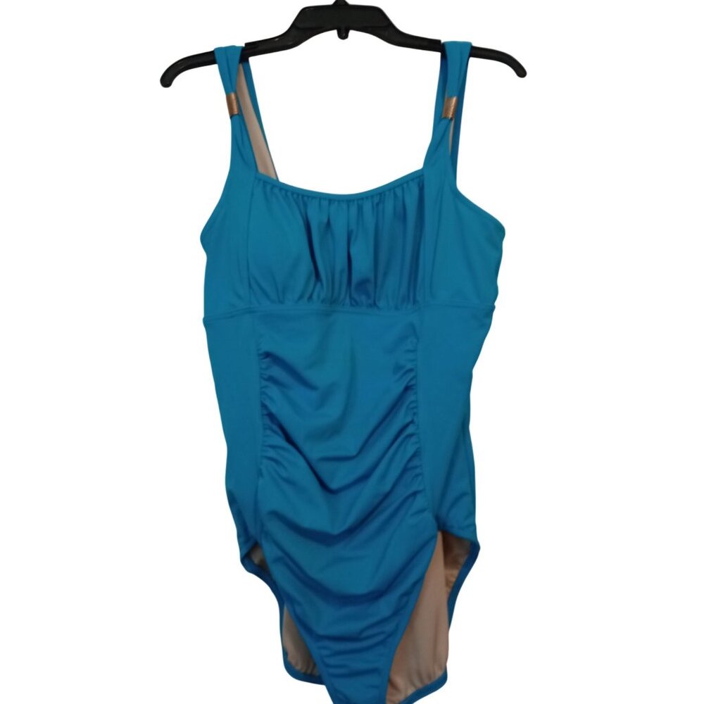 Lands End Blue One-Piece Swim Gold Accents & Ruched Front Womens Size 16